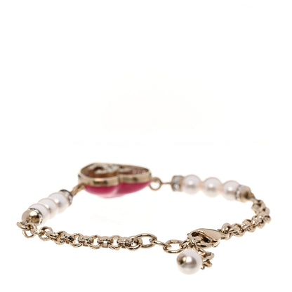 Chanel Resin Crystal Pearl Chain Heart CC Bracelet Pink White Gold 3 of 7