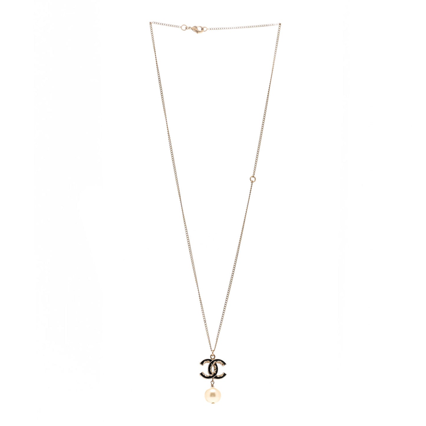 Enamel Pearl CC Baroque Drop Necklace Black Gold