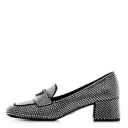 Prada Satin Crystal Metal Triangle Logo 45mm Block Heel Loafers 37.5 Cristal 1 of 10