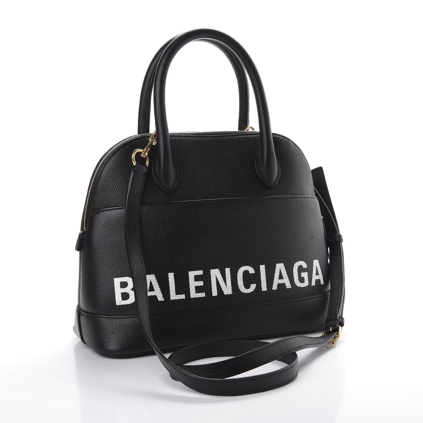Signature Grained Calfskin Logo S Ville Top Handle Bag Black