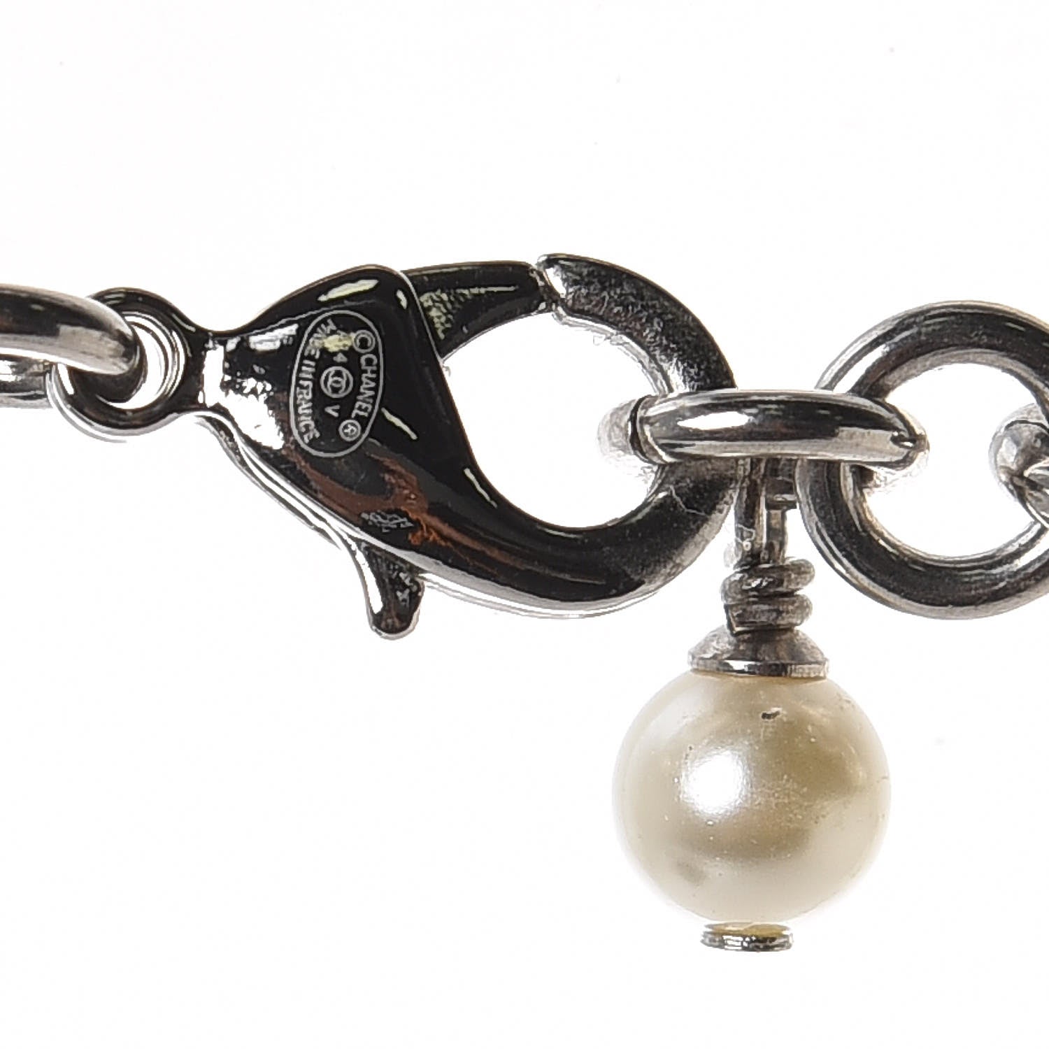 Chanel Crystal Pearl CC Long Necklace Silver 4 of 5