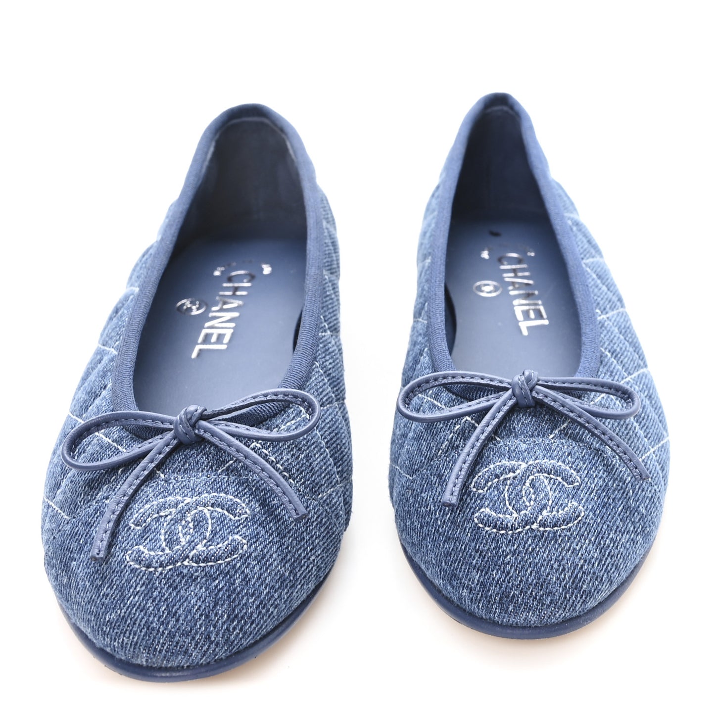 Washed Denim Quilted Cap Toe CC Ballerina Flats 35.5 Blue