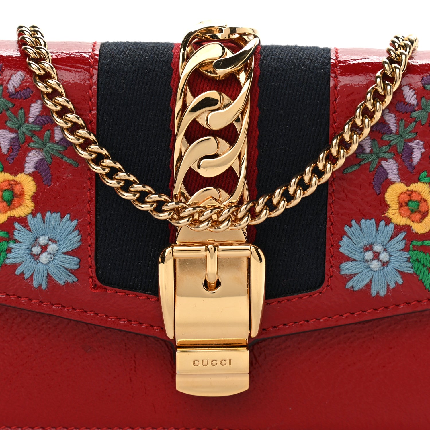 Gucci Patent Embroidered Super Mini Sylvie Chain Shoulder Bag Red 8 of 11