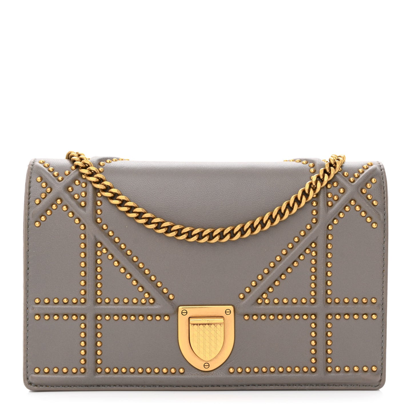 Calfskin Studded Diorama Wallet on Chain Pouch Grey