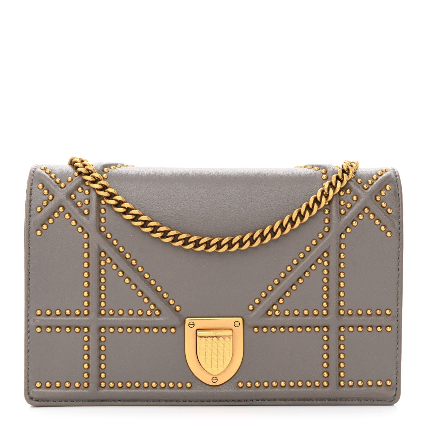 Christian Dior Calfskin Studded Diorama Wallet on Chain Pouch Grey 1 of 10
