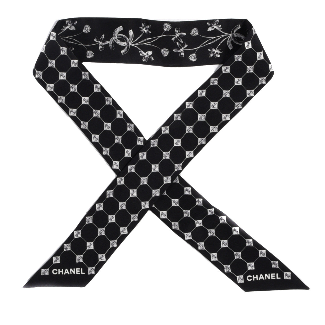 Chanel Silk CC Slim Bandeau Scarf Black White 1 of 4