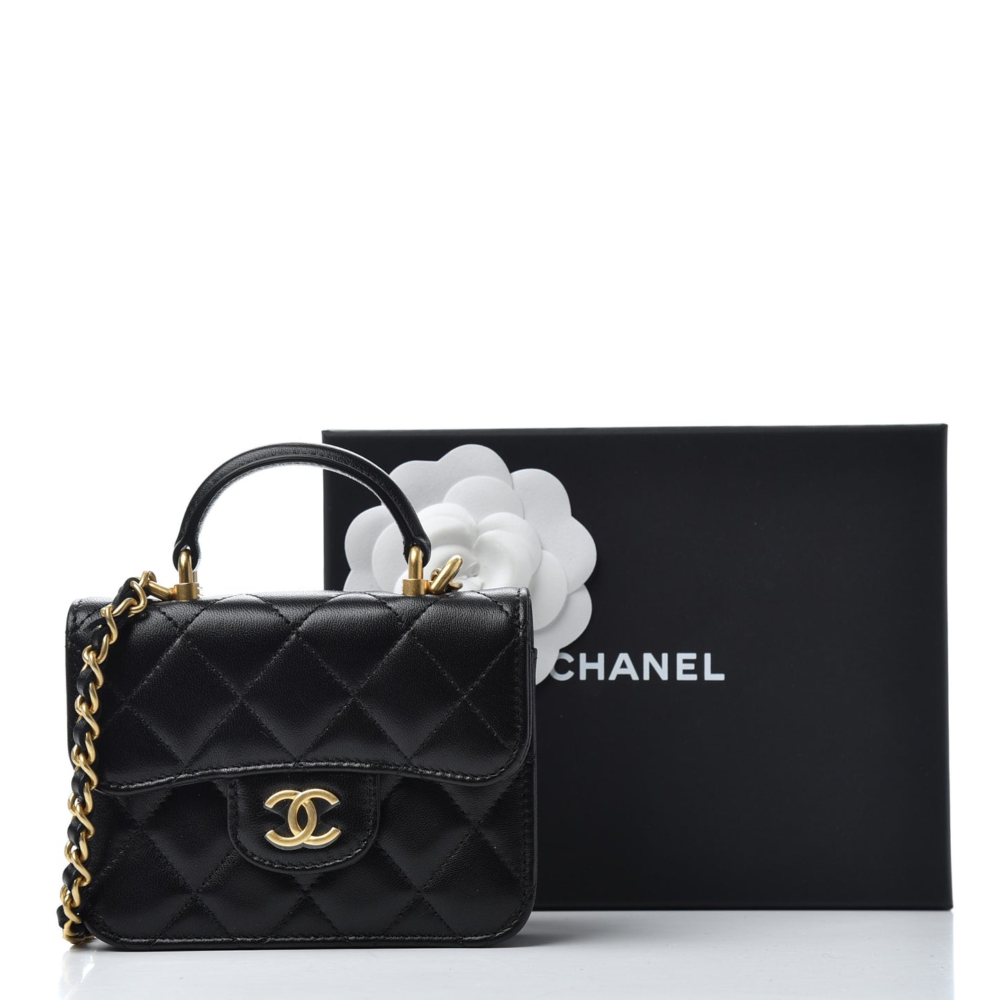 Lambskin Quilted Top Handle Flap Coin Purse With Chain Black