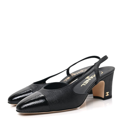 Chanel Textured Calfskin Glazed Goatskin Cap Toe CC Slingback Pumps 36.5 Black 3 of 8