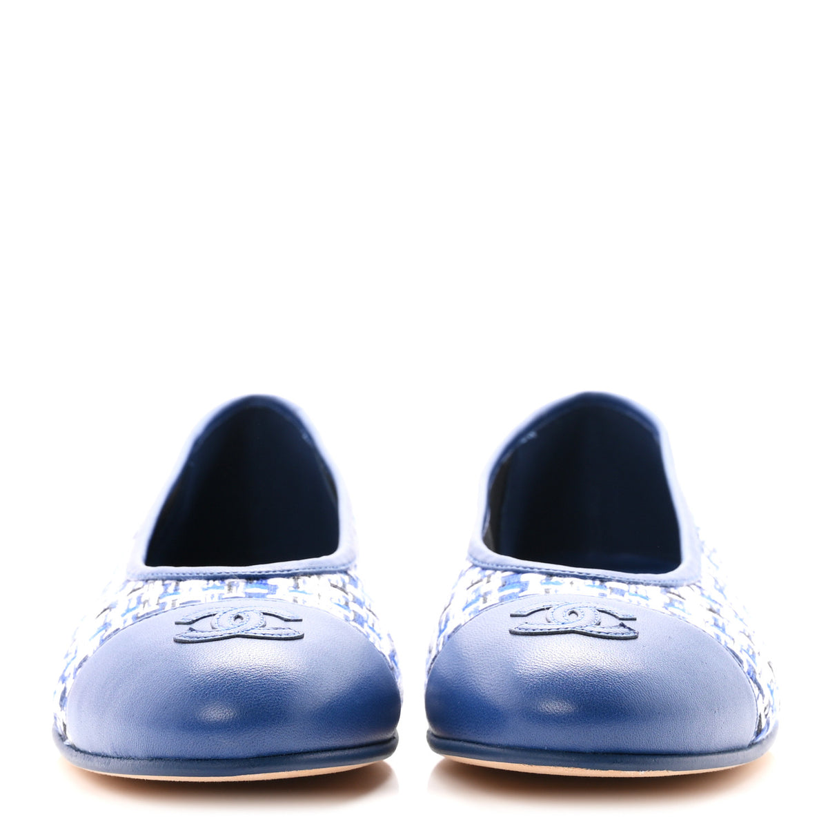Tweed Lambskin CC Cap Toe Ballerina Flats 37.5 White Blue