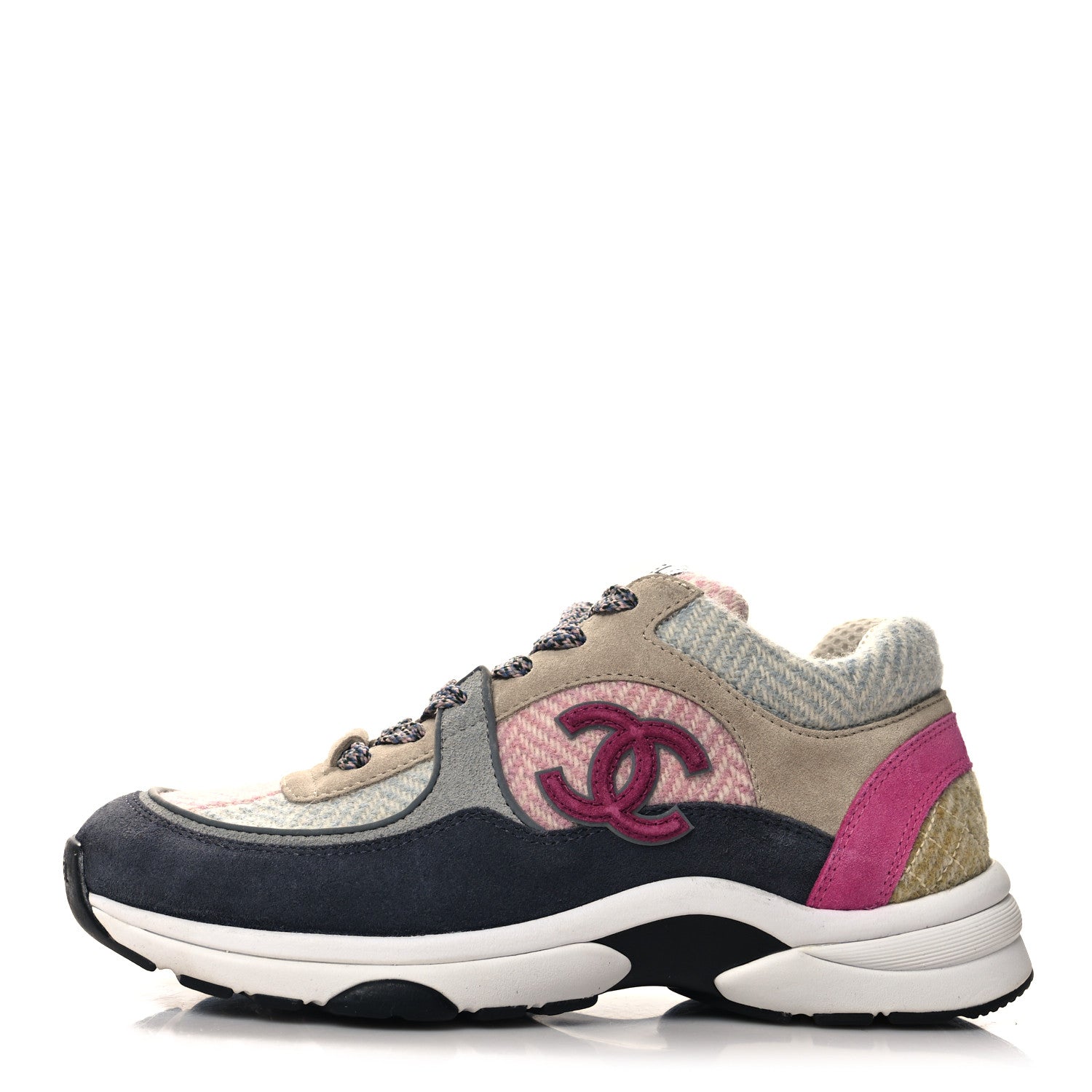 Chanel Fabric Suede Calfskin CC Sneakers 37 Pink Beige Multicolor 1 of 8