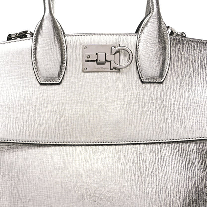 Salvatore Ferragamo Metallic Hammered Calfskin Studio Top Handle Bag Silver 7 of 12