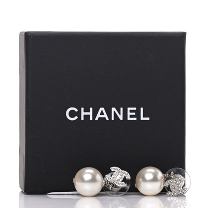 Chanel Crystal Pearl CC Drop Earrings Silver 5 of 5