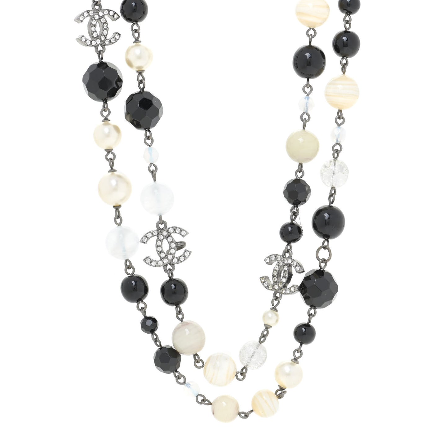 Pearl Beaded Crystal CC Long Necklace Black Silver