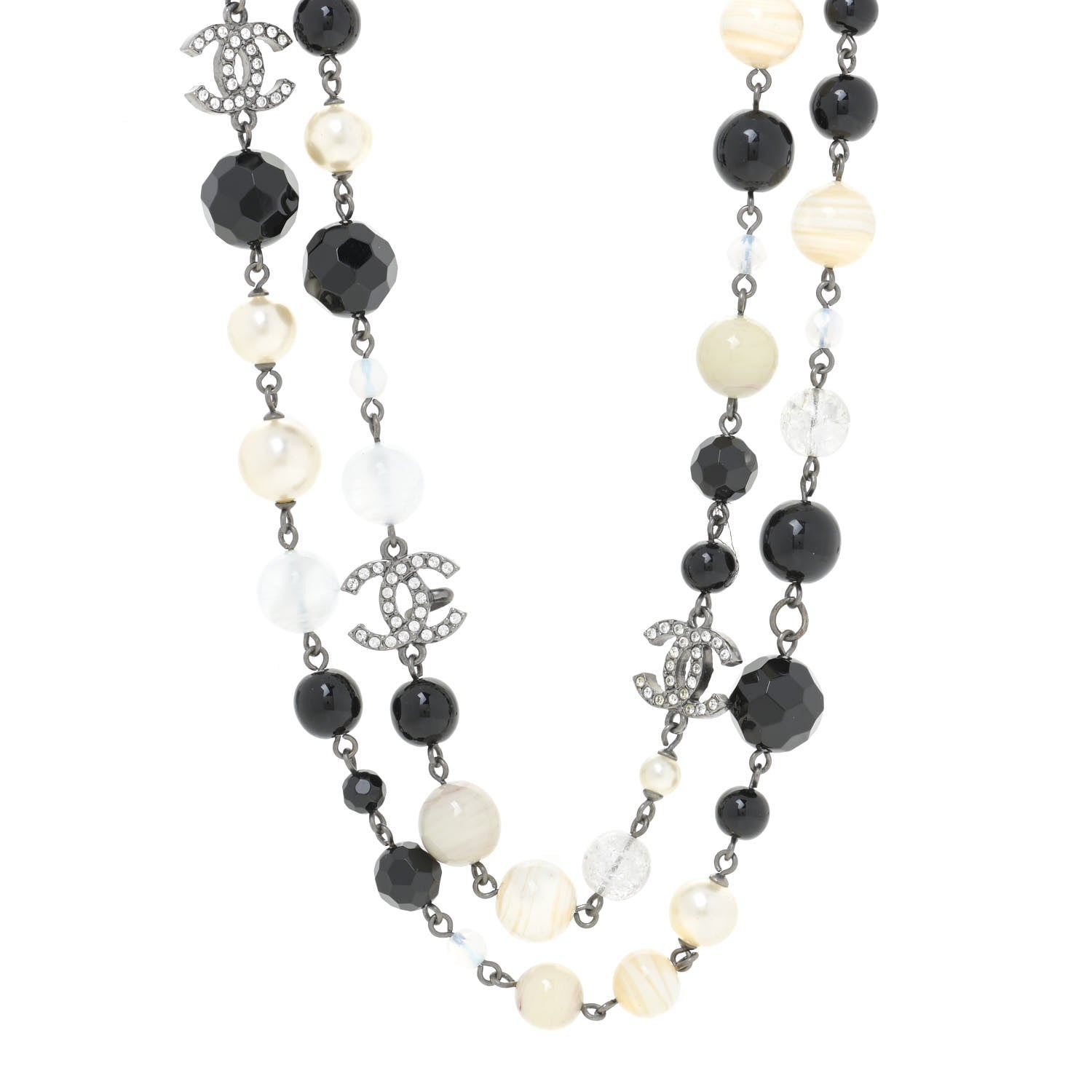 Chanel Pearl Beaded Crystal CC Long Necklace Black Silver 2 of 9