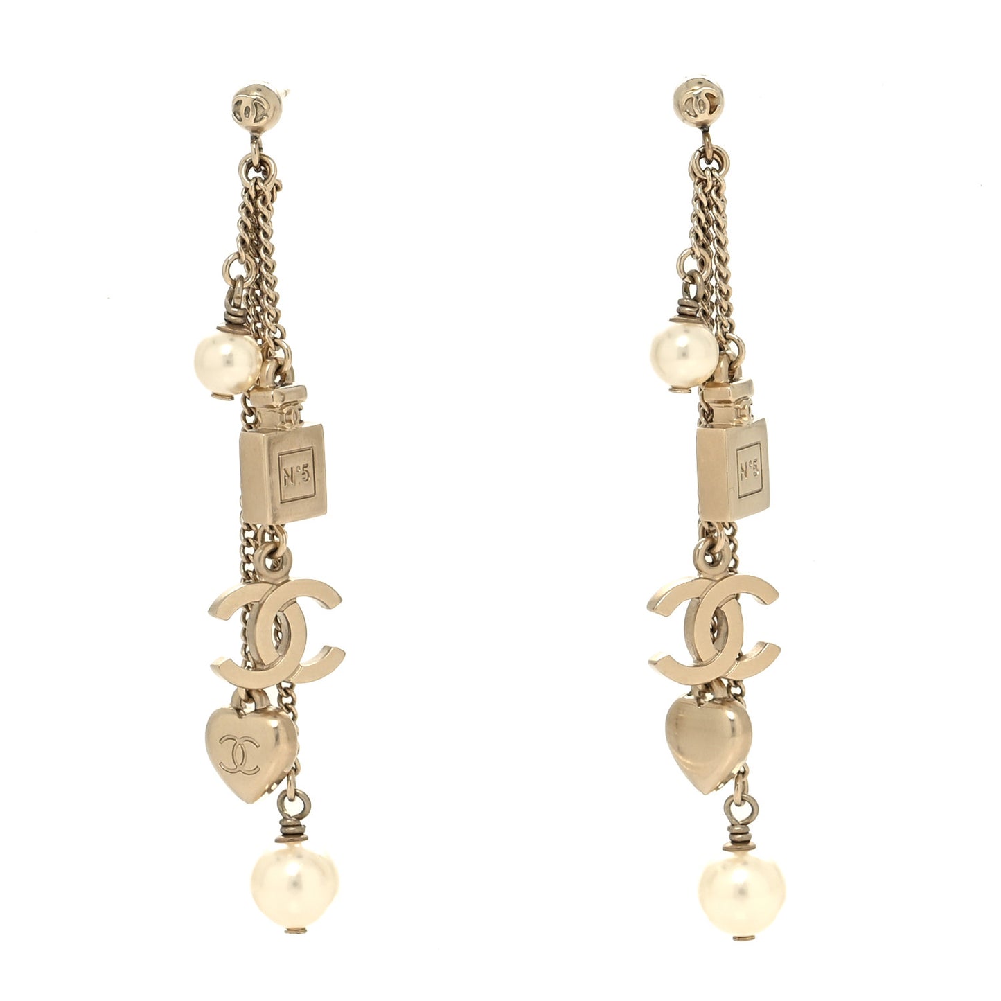 Metal Pearl Chain Charm Drop Earrings Gold
