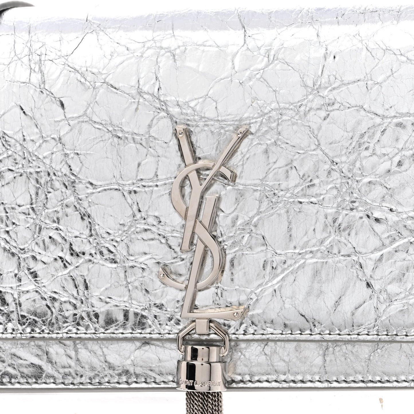 Metallic Crackled Calfskin Kate Monogram Tassel Chain Wallet Argento
