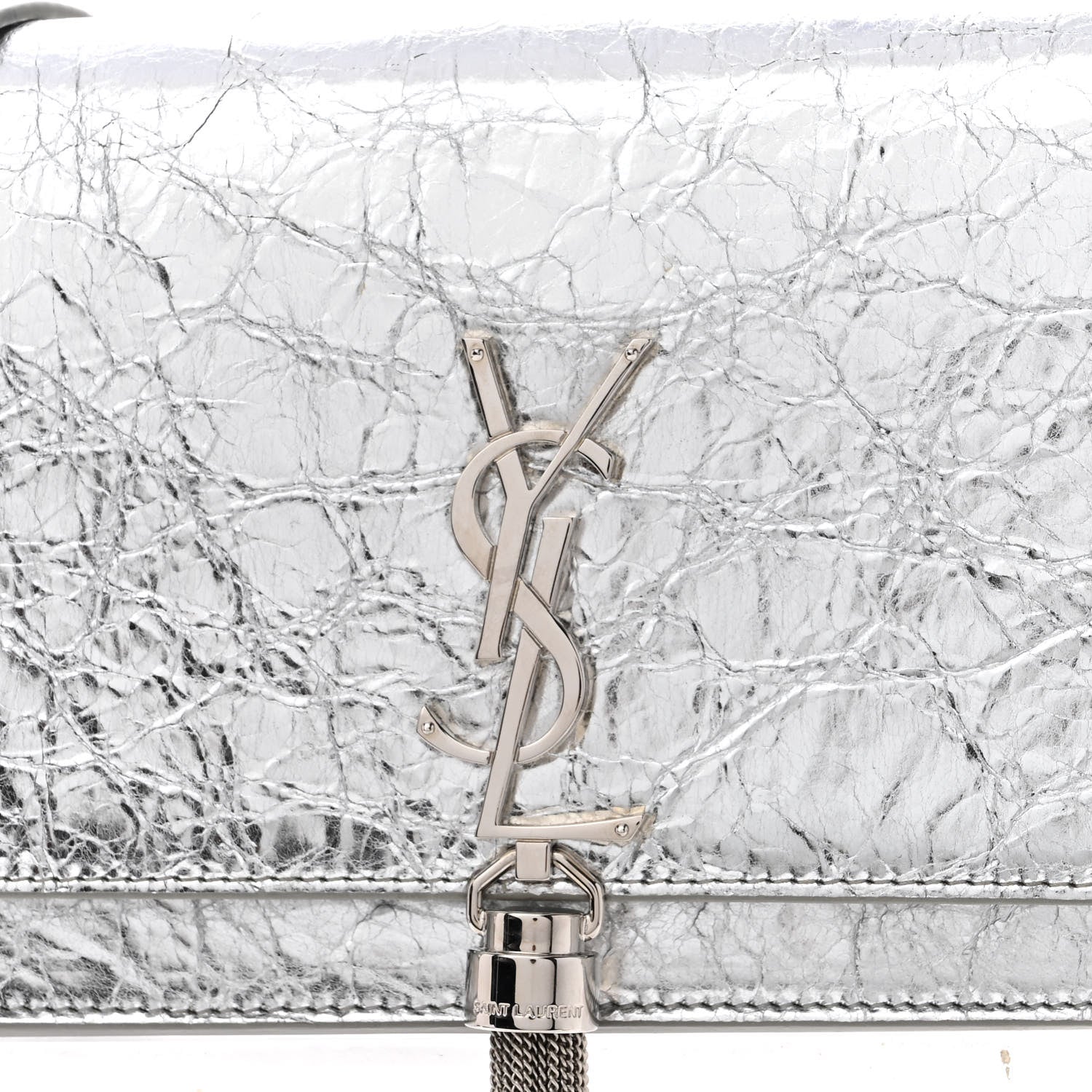 Saint Laurent Metallic Crackled Calfskin Kate Monogram Tassel Chain Wallet Argento 7 of 9