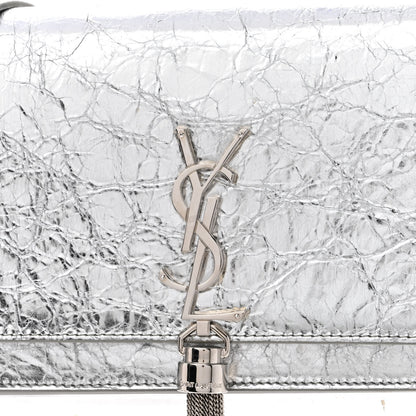Saint Laurent Metallic Crackled Calfskin Kate Monogram Tassel Chain Wallet Argento 7 of 9