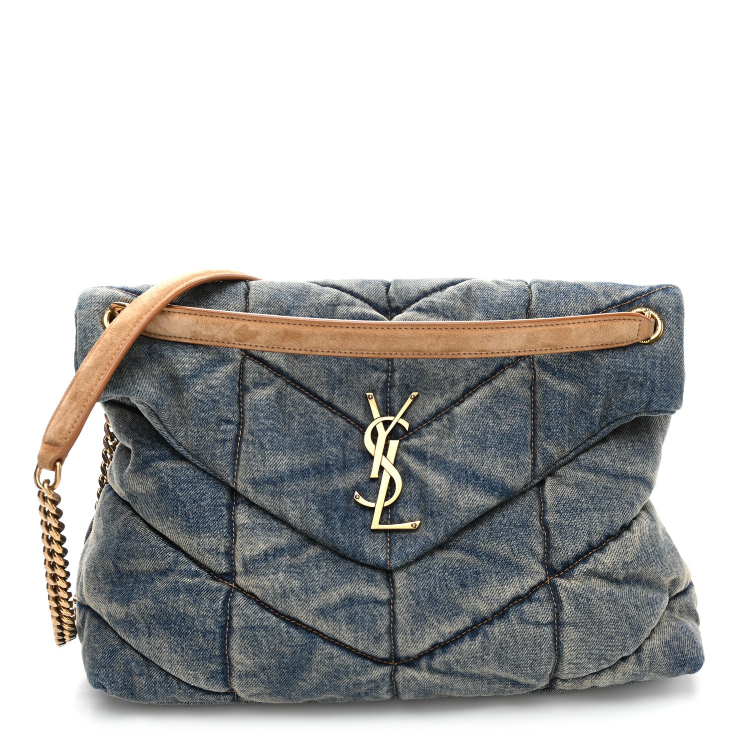 Saint Laurent Denim Quilted Medium Loulou Puffer Monogram Chain Satchel Blue Cinnamon 1 of 9