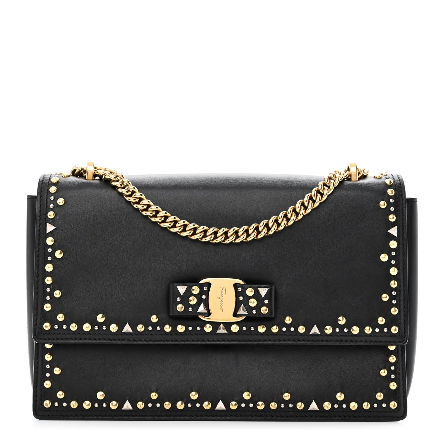 Calfskin Studded Vara Bow Bag Black
