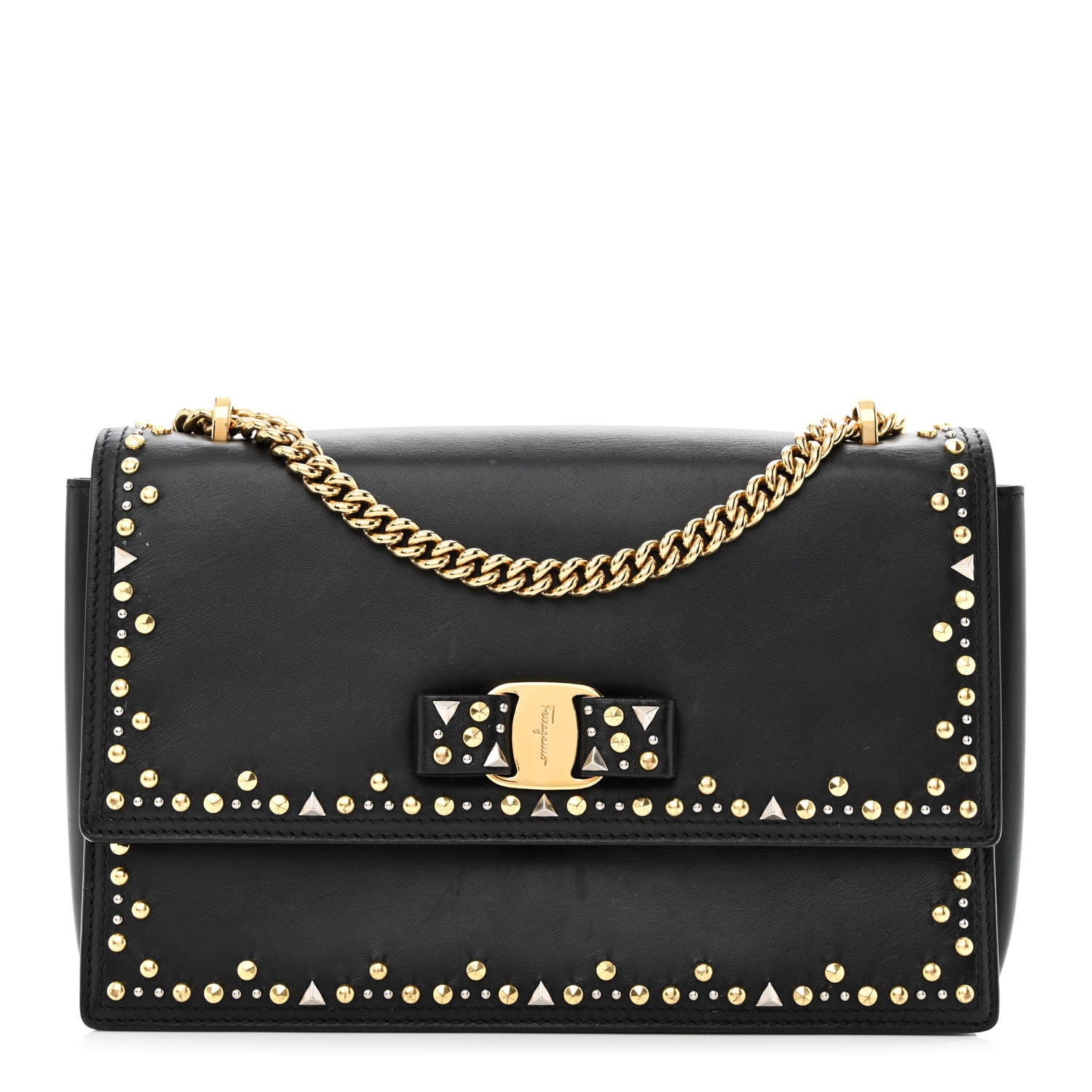 Salvatore Ferragamo Calfskin Studded Vara Bow Bag Black 1 of 13