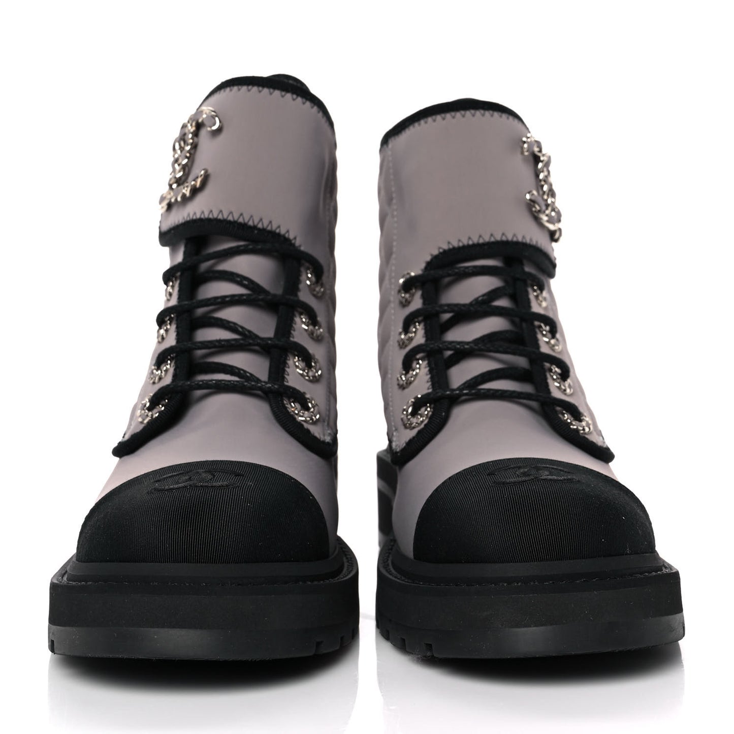 Fabric Grosgrain Quilted Cap Toe Lace Up Combat Boots 38.5 Gray