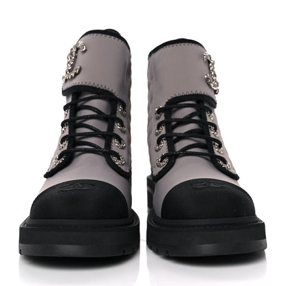Chanel Fabric Grosgrain Quilted Cap Toe Lace Up Combat Boots 38.5 Gray 2 of 9