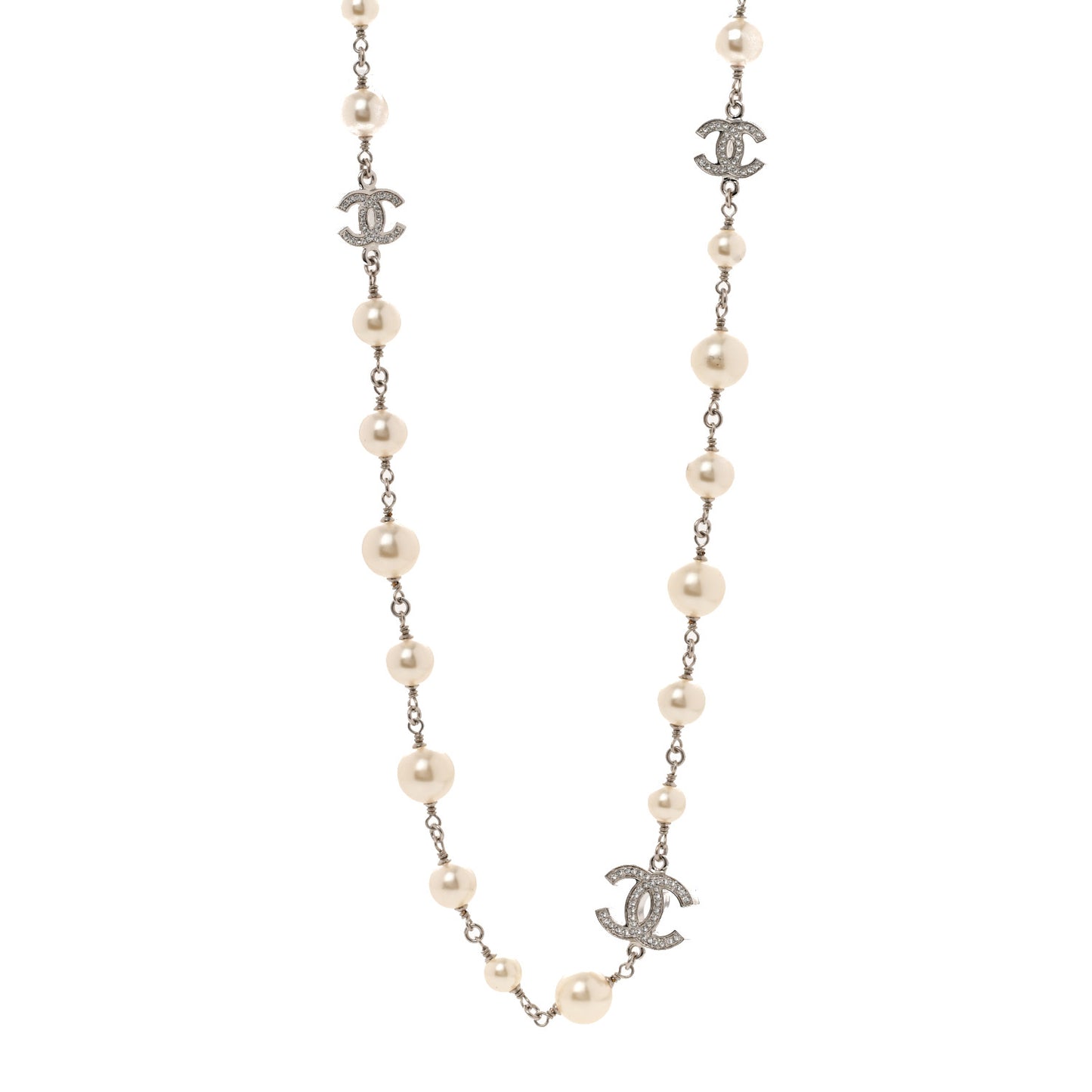 Graduated Pearl Crystal CC Long Necklace Silver