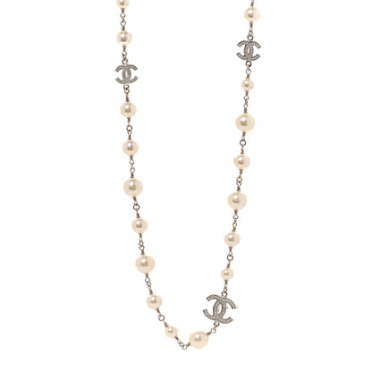 Chanel Graduated Pearl Crystal CC Long Necklace Silver 1 of 6