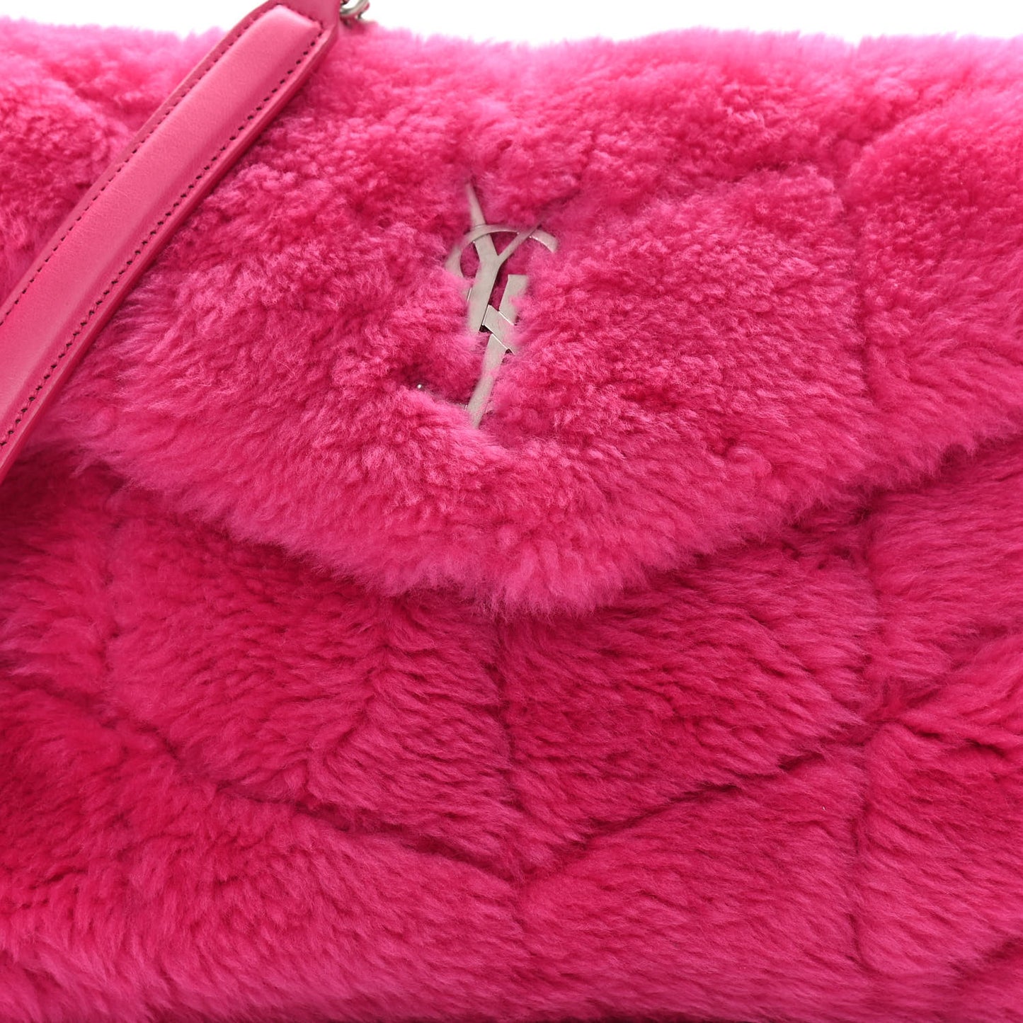 Merino Shearling Lambskin Quilted Small Loulou Puffer Monogram Chain Satchel Fuchsia