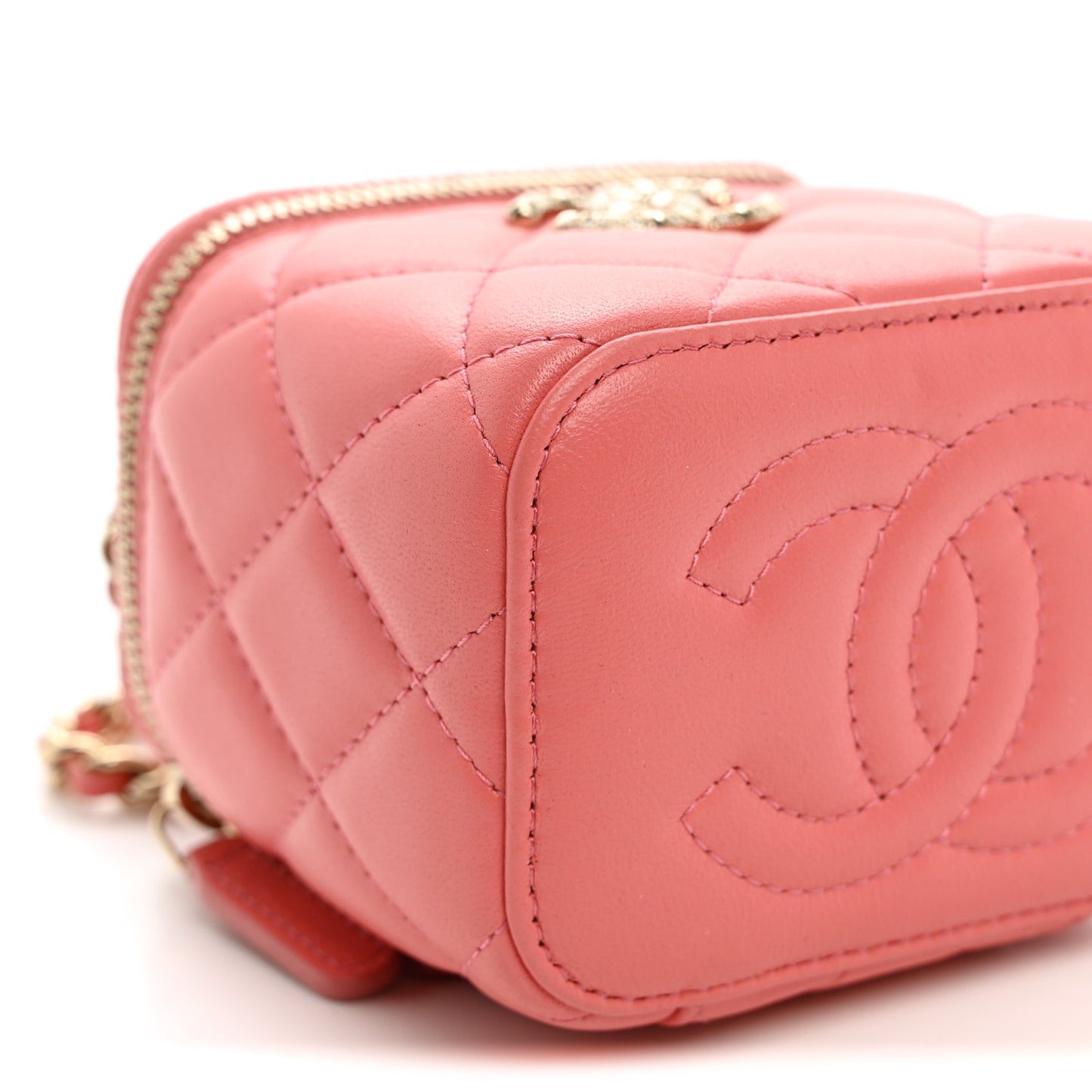 Lambskin Quilted Crystal Top Handle Mini Vanity Case With Chain Coral