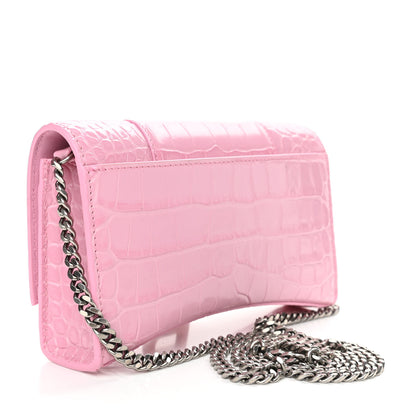 Balenciaga Shiny Calfskin Crocodile Embossed Hourglass Chain Bag Candy Pink 3 of 10