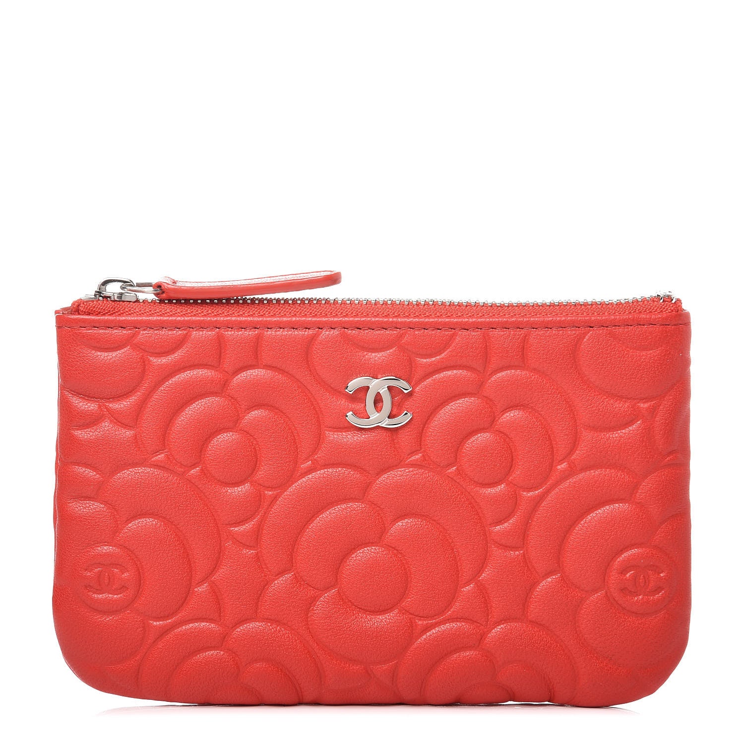 Chanel Goatskin Camellia Embossed Cosmetic Pouch Red 1 of 8
