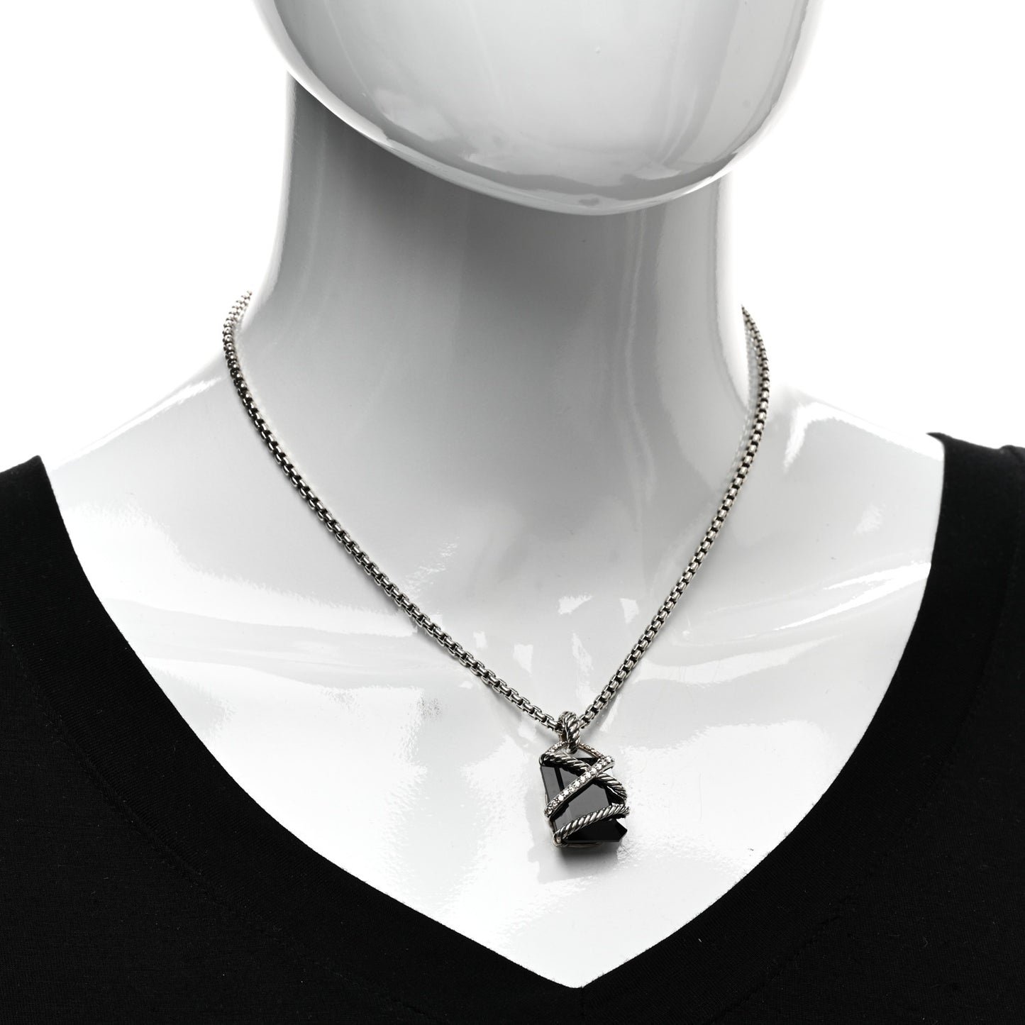 Sterling Silver Diamond Black Onyx 17mm Cable Wrap Pendant Necklace