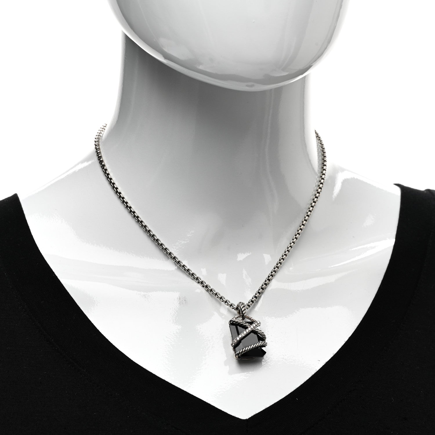 David Yurman Sterling Silver Diamond Black Onyx 17mm Cable Wrap Pendant Necklace 2 of 4