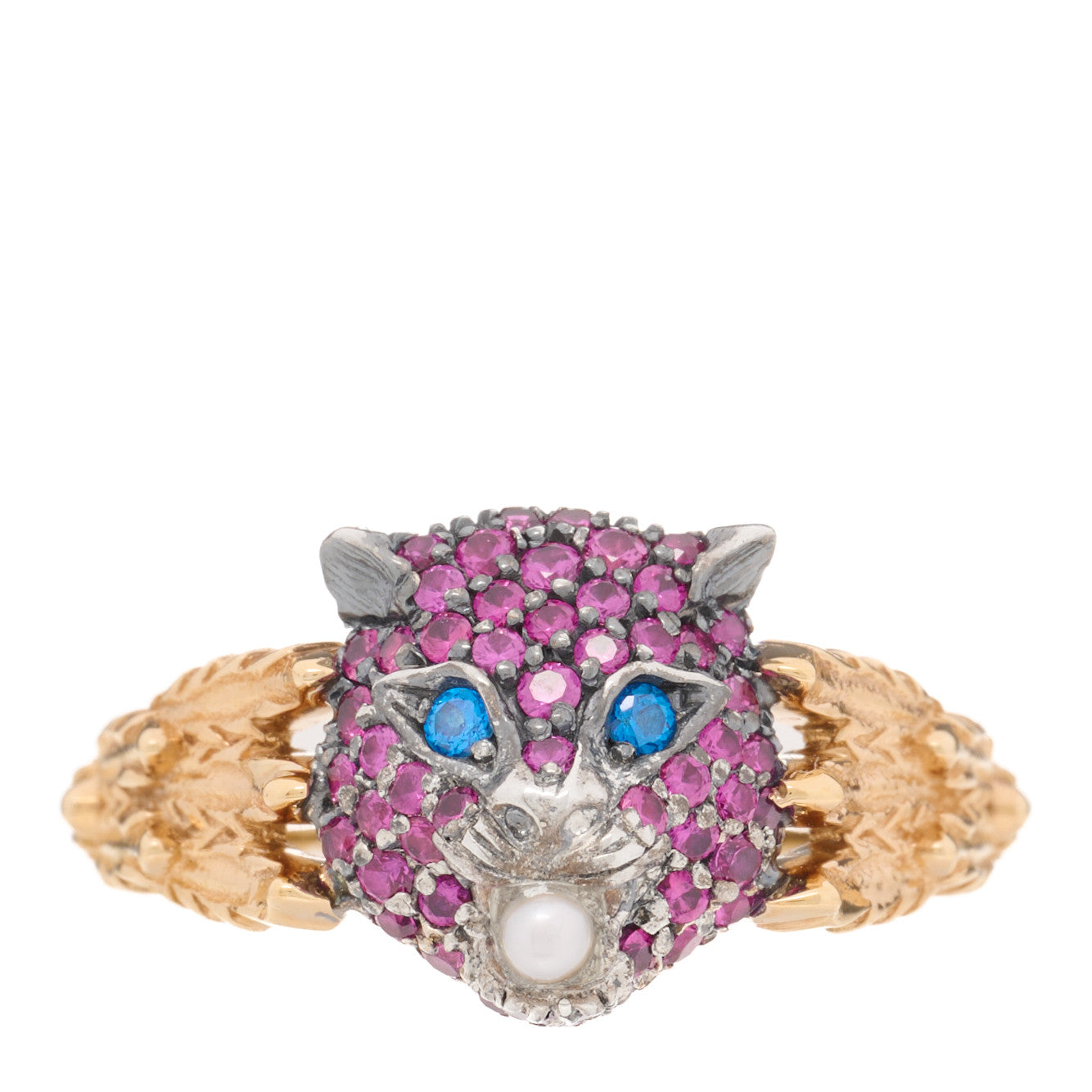 Gucci 18K Yellow Gold Sterling Silver Pink Sapphire Topaz Mother of Pearl Le Marche Des Merveilles Feline Ring 53 6.25 1 of 6