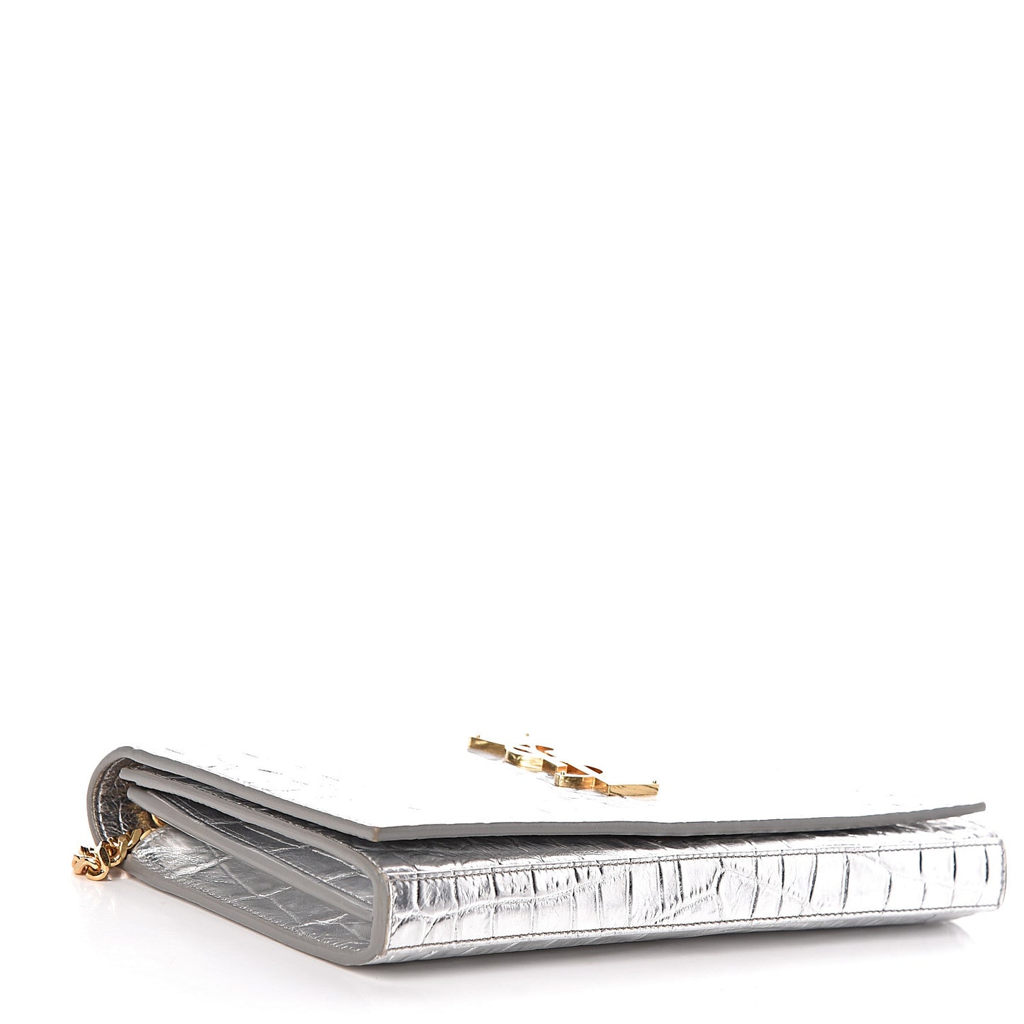 Calfskin Crocodile Embossed Monogram Chain Wallet Argento