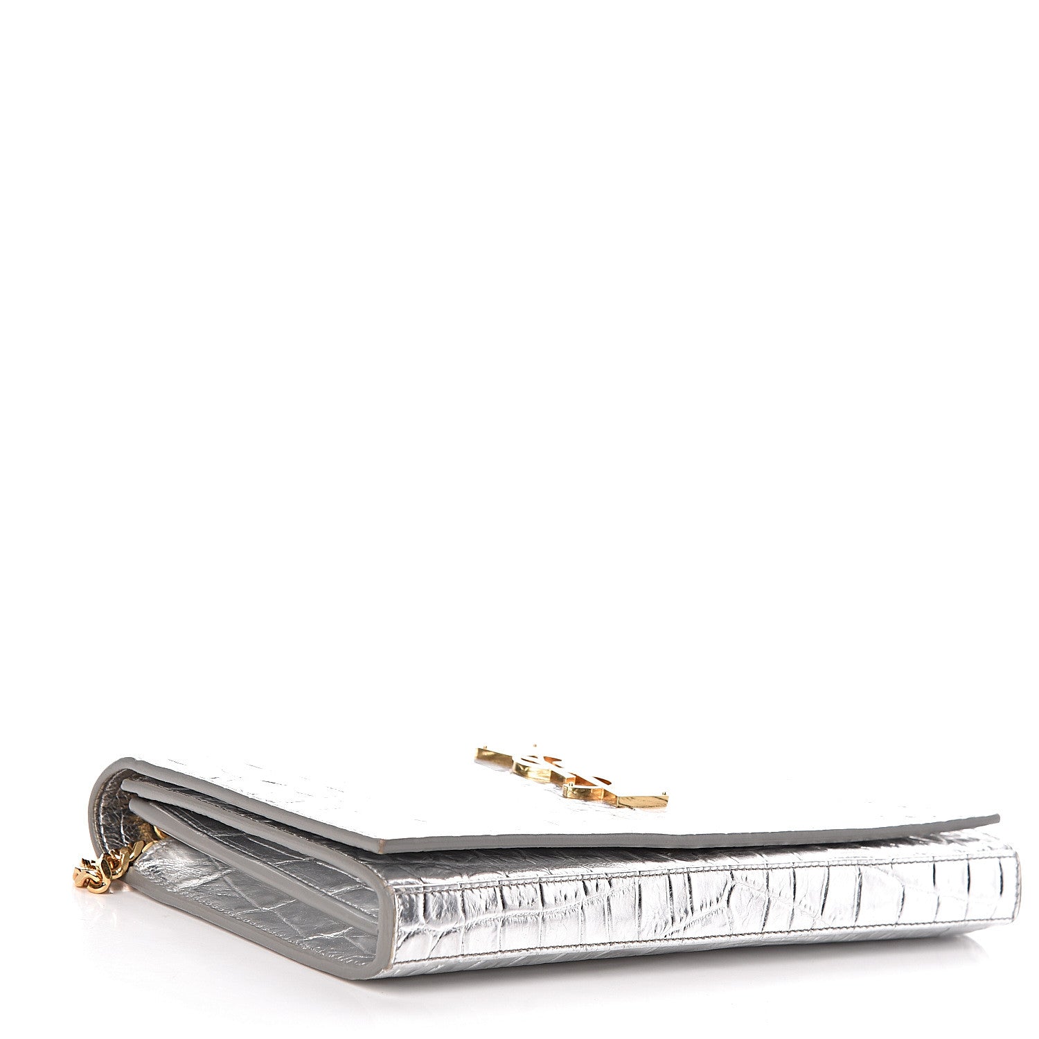 Saint Laurent Calfskin Crocodile Embossed Monogram Chain Wallet Argento 4 of 13