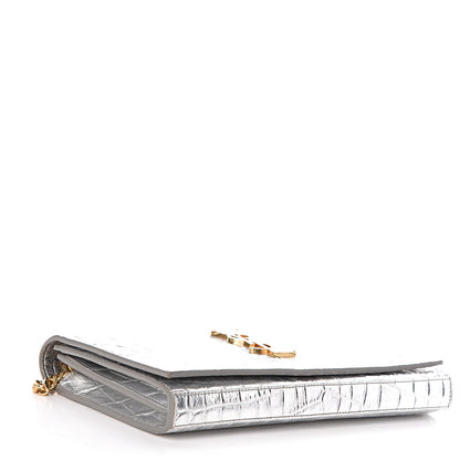 Saint Laurent Calfskin Crocodile Embossed Monogram Chain Wallet Argento 4 of 13
