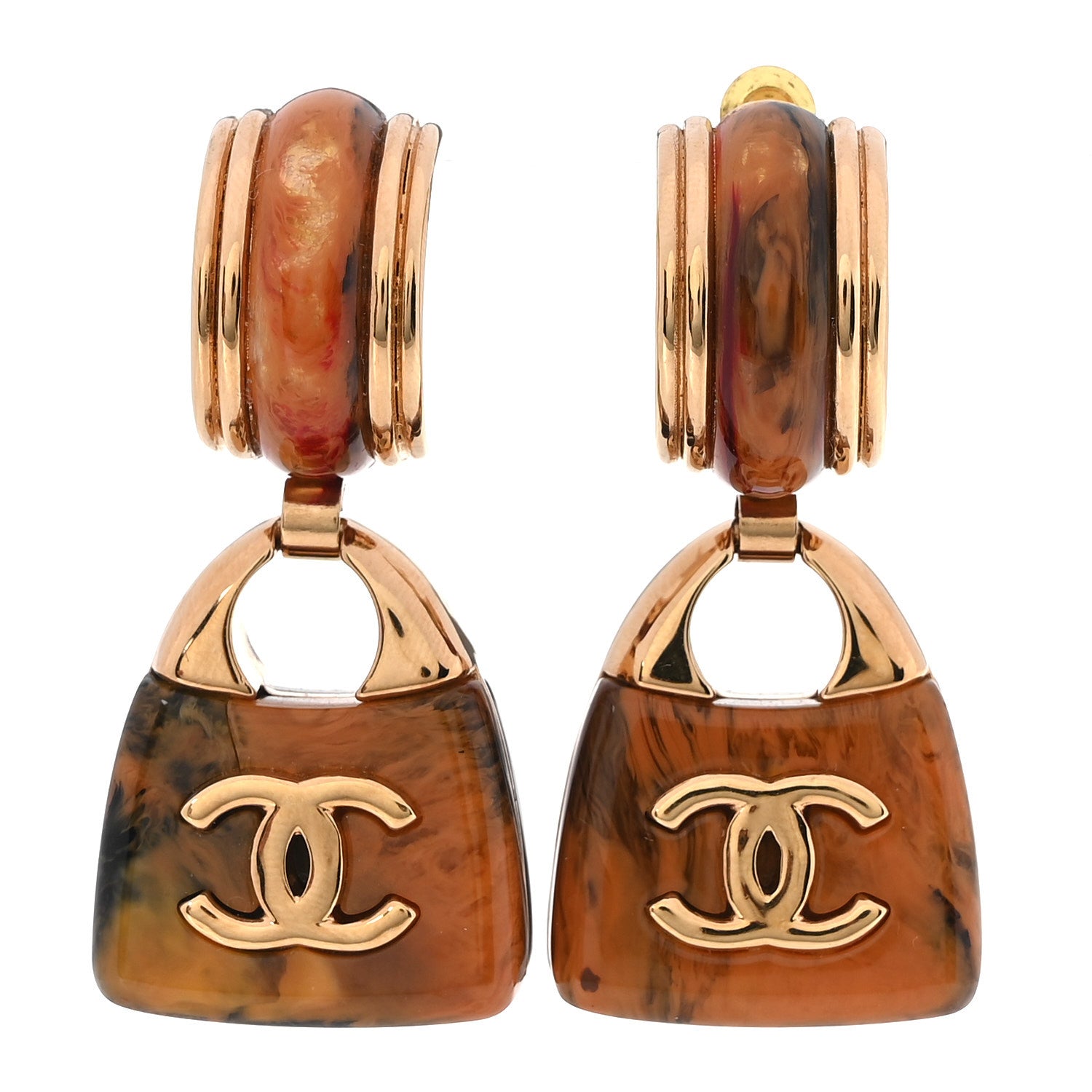 Chanel Metal Resin Marbled Enamel Handbag CC Drop Earrings  Gold Orange Black Red 1 of 4