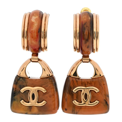 Chanel Metal Resin Marbled Enamel Handbag CC Drop Earrings  Gold Orange Black Red 1 of 4
