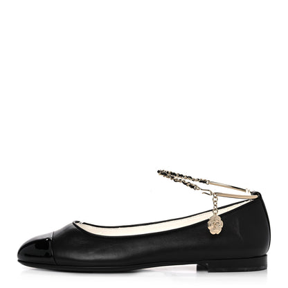 Chanel Lambskin Patent Calfskin Cap Toe Ankle Chain Ballerina Flats 39.5 Black 2 of 8