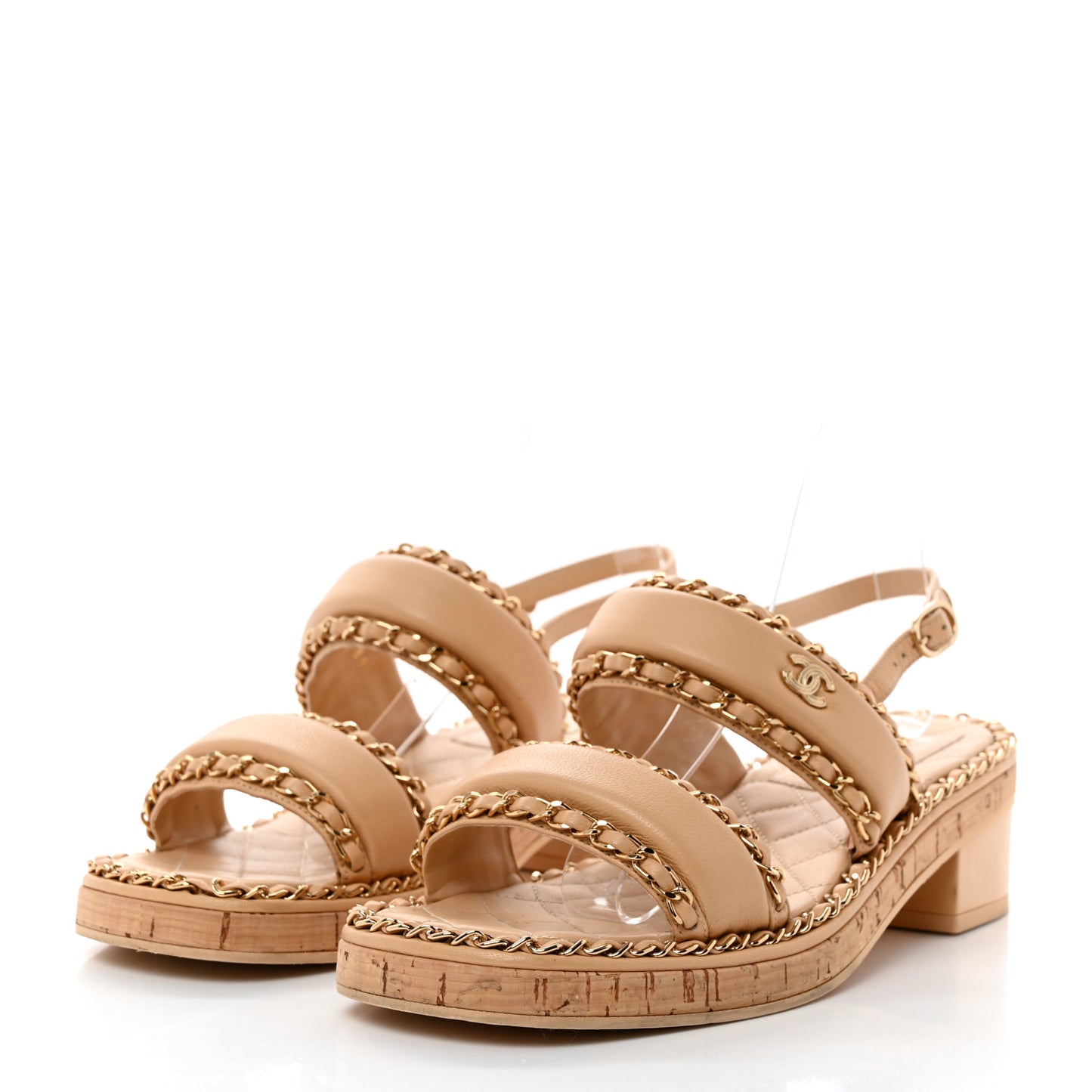 Lambskin Cork Chain Sandals 39 Beige