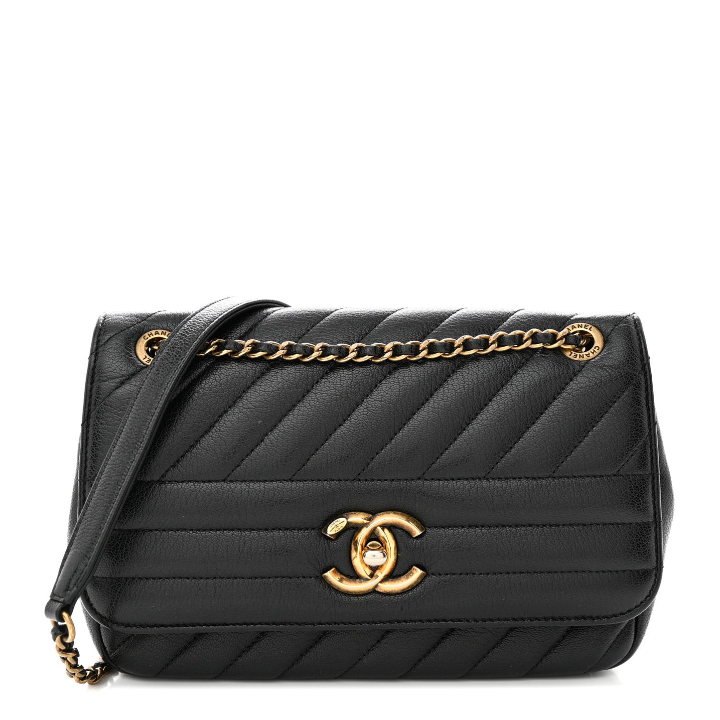 Shiny Goatskin Diagonal Quilted Small Flap Black