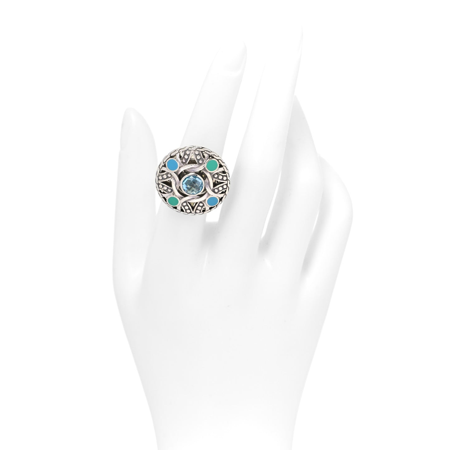 Sterling Silver Enamel Blue Topaz Palu Bulan Coin Ring 58 8.25
