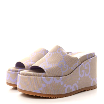 Gucci Monogram Jumbo GG Platform Slide Wedge Sandals 40.5 Beige Lapis 3 of 8