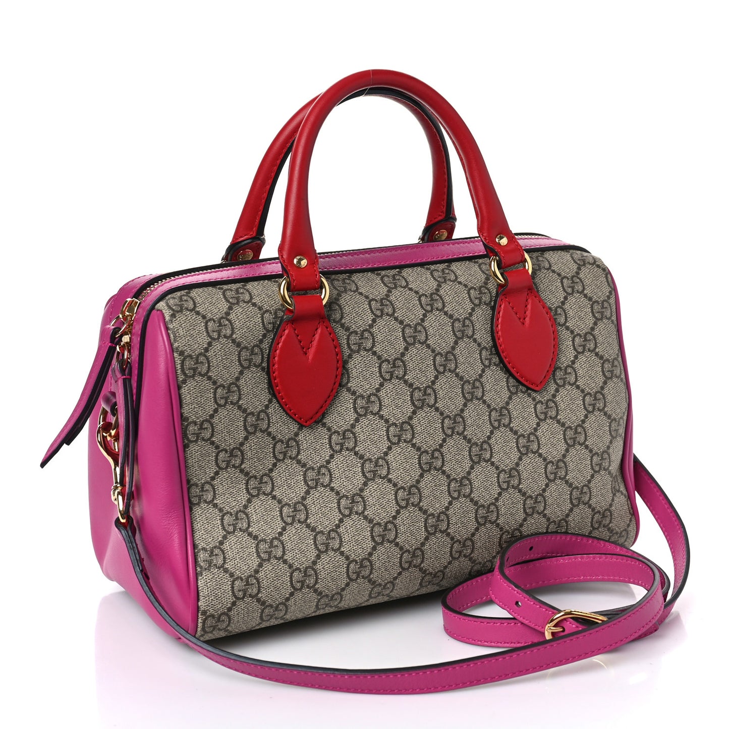 GG Supreme Monogram Moon Calfskin Small Boston Beige Ebony Hibiscus Red New Rosette