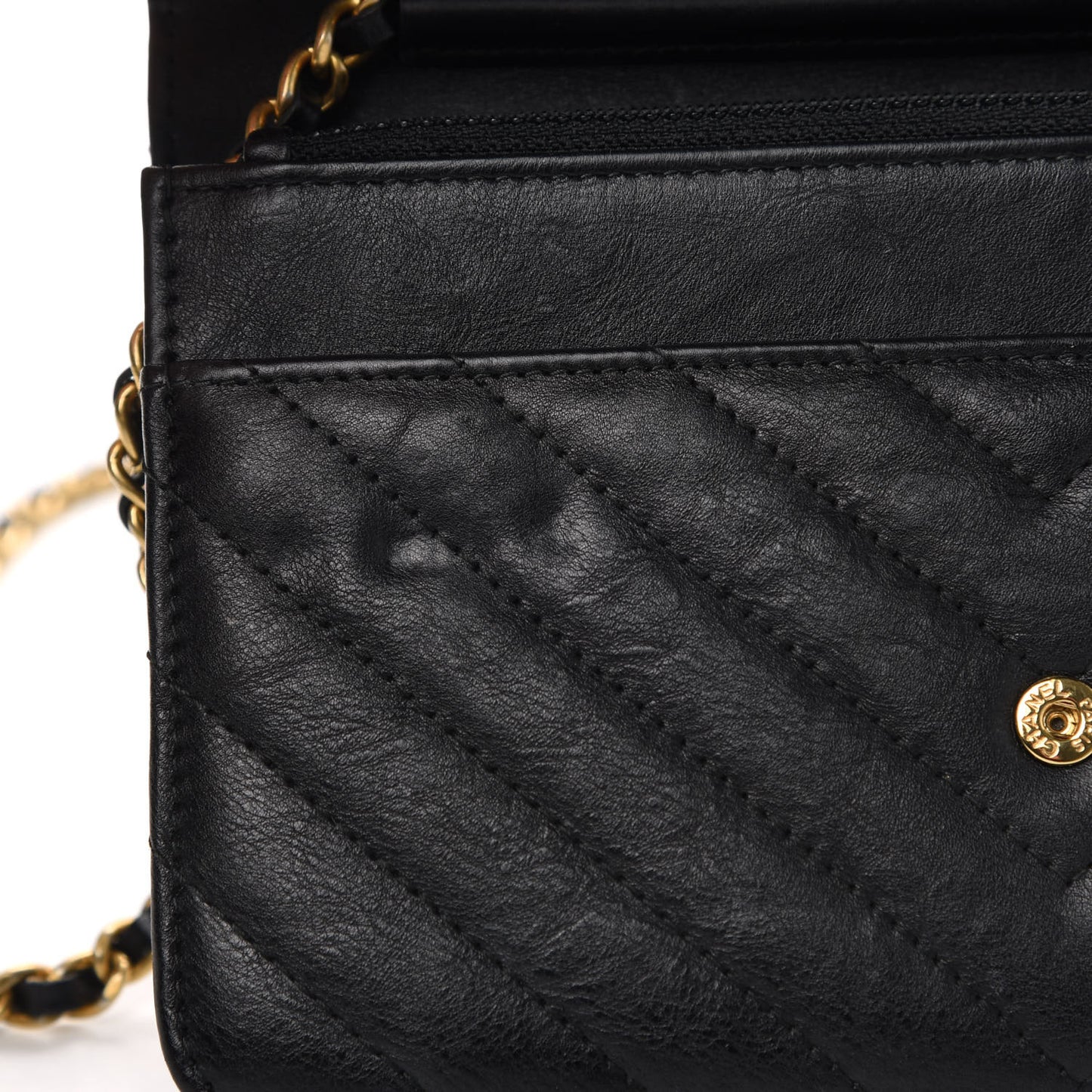 Crumpled Calfskin Chevron Quilted Wallet On Chain WOC Black