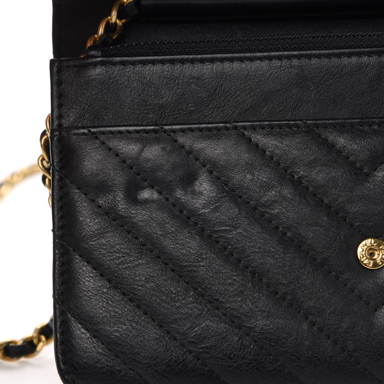 Chanel Crumpled Calfskin Chevron Quilted Wallet On Chain WOC Black 10 of 13