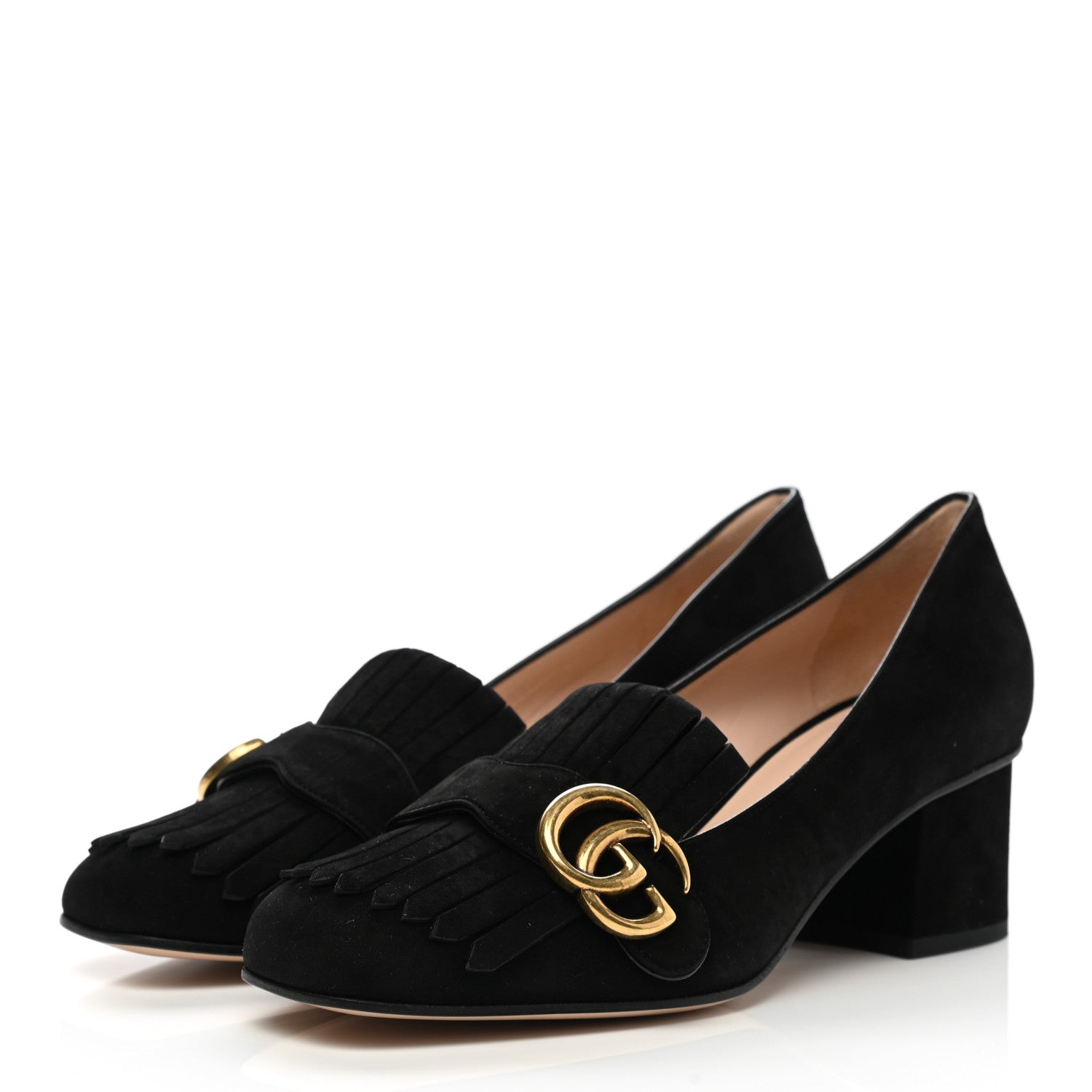 Gucci Kid Scamosciato GG Marmont Fringe 50mm Loafer Pumps 37.5 Black 3 of 8